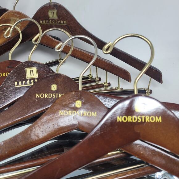 VTG Nordstrom Sturdy Wooden Hangers Mahogany Cherry Gloss Lot of 12 w Slack Bars - Picture 5 of 8